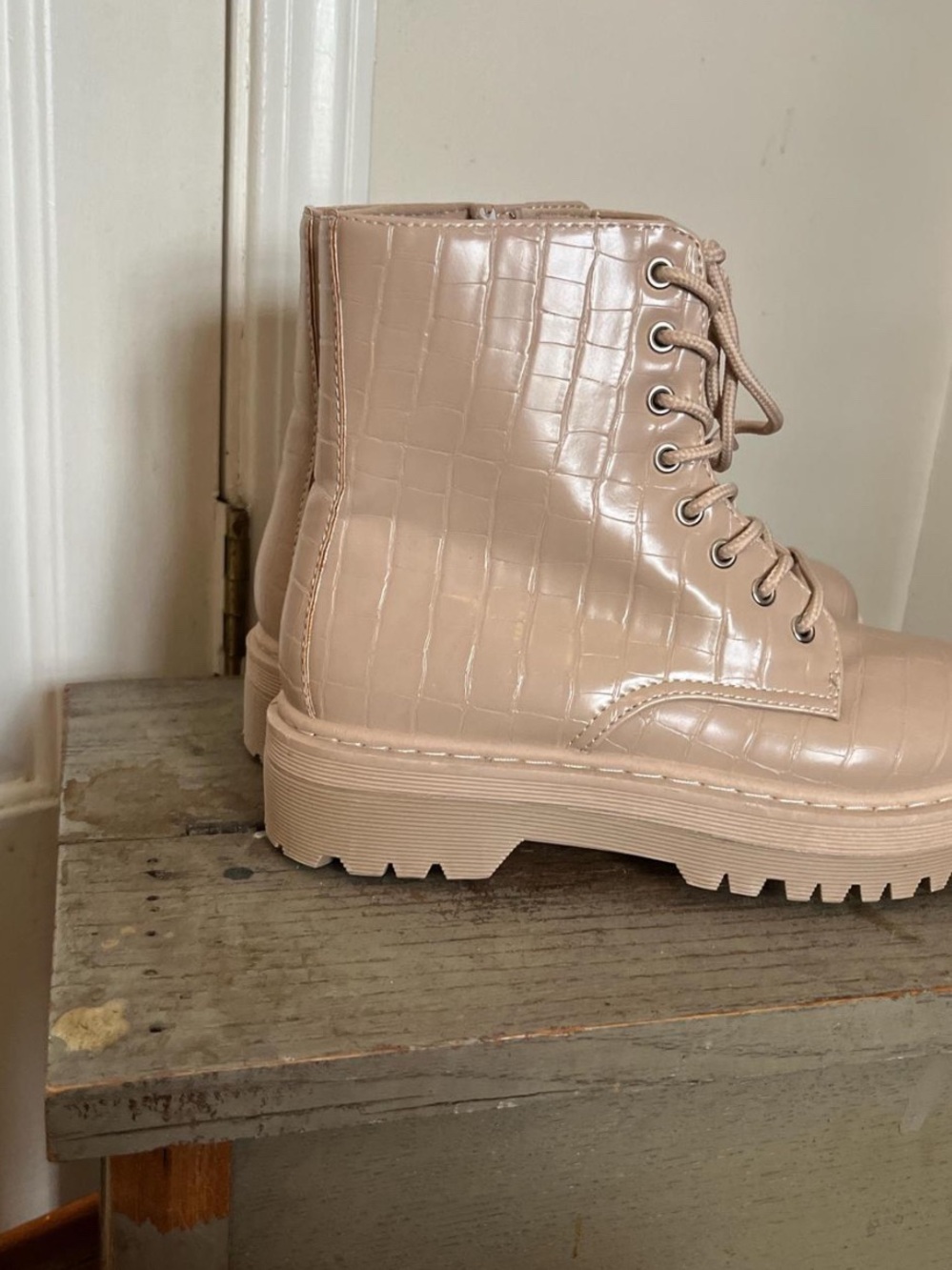 Croc-Embossed Lace-Up Ankle Booties in Nude